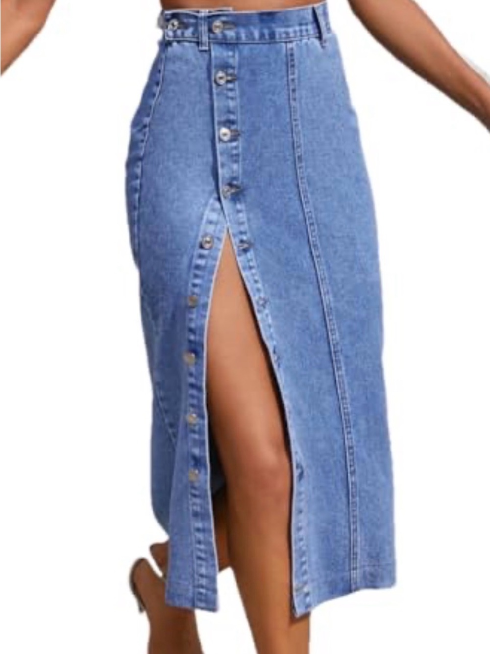 High-Waist Blue Denim Button-Front Midi Skirt with Side Slit